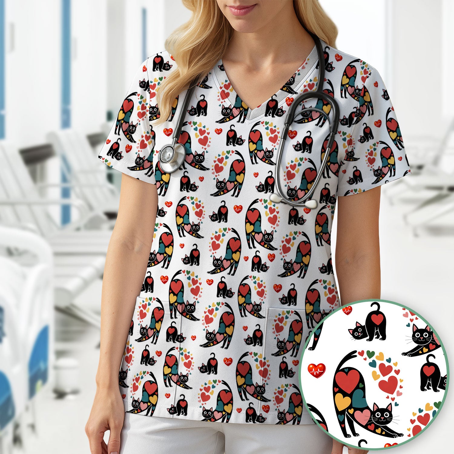 Playful Cat Valentine Heart Print Nurse Scrub Top, Comfortable Scrubs for Nurses