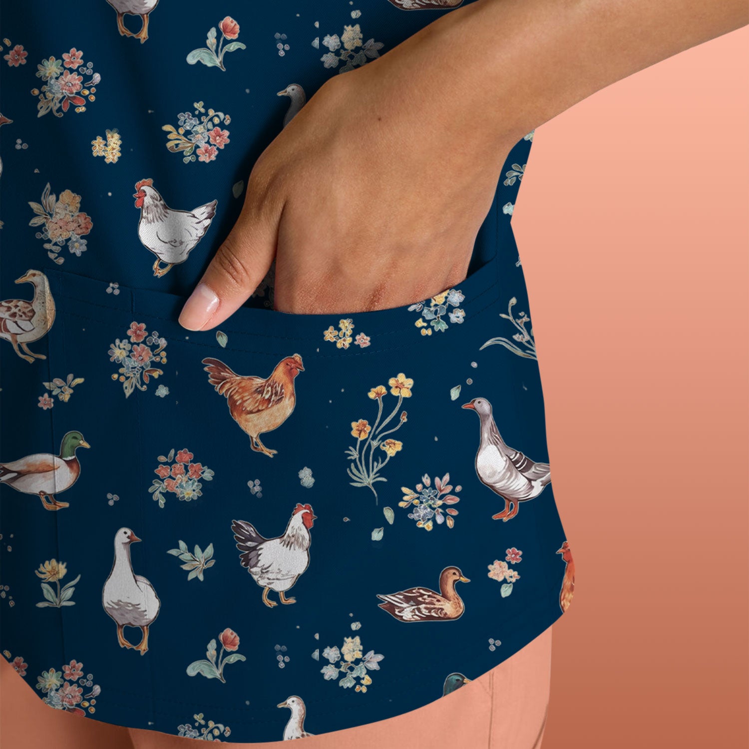 Farm Chicken Duck Floral Pattern Scrubs Top, Comfortable Scrubs for Nurses