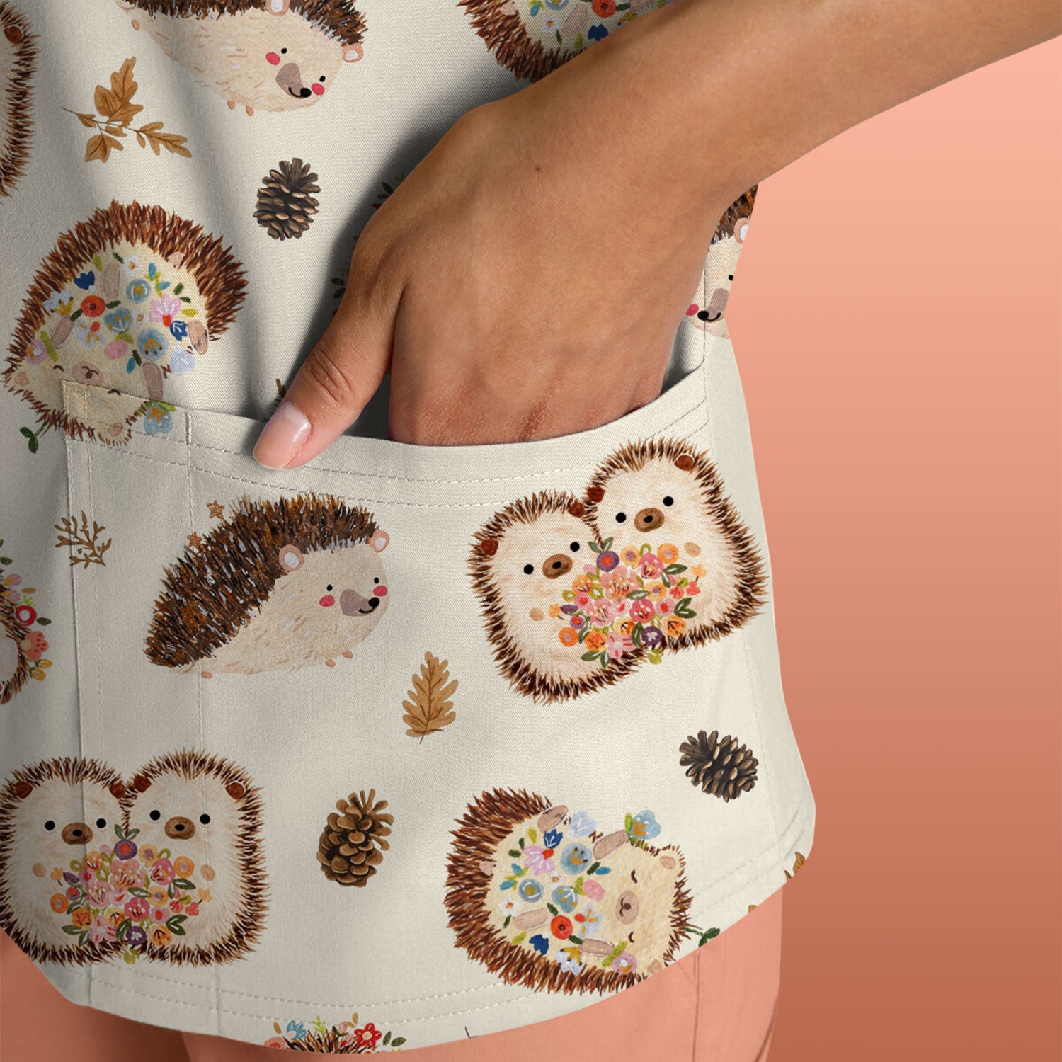 Cute Hedgehog Floral Scrub Top, Breathable Fabrics Nursing Uniform