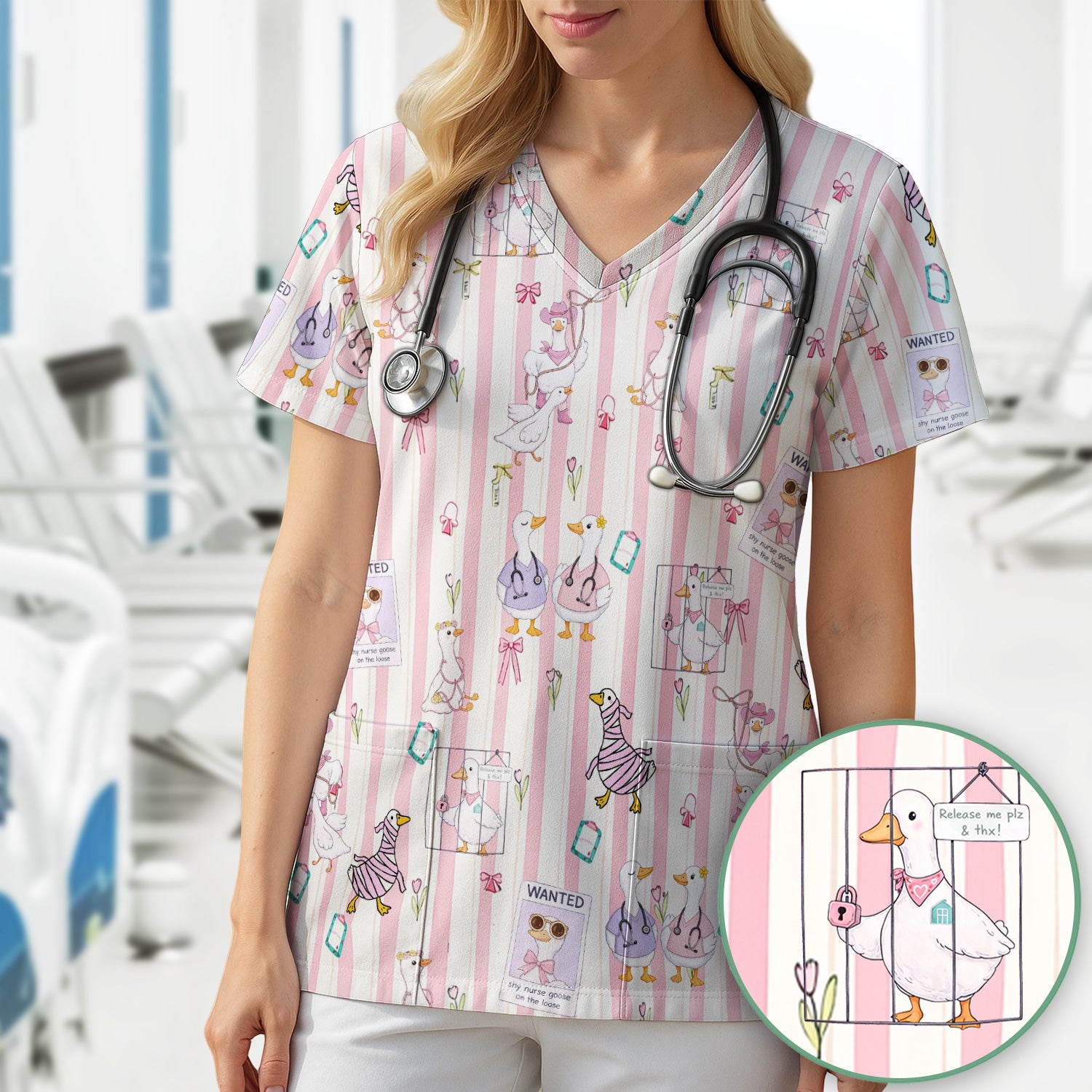 Cute Nurse Duck Stripe Pattern Scrub Top, Comfortable Scrubs for Nurses