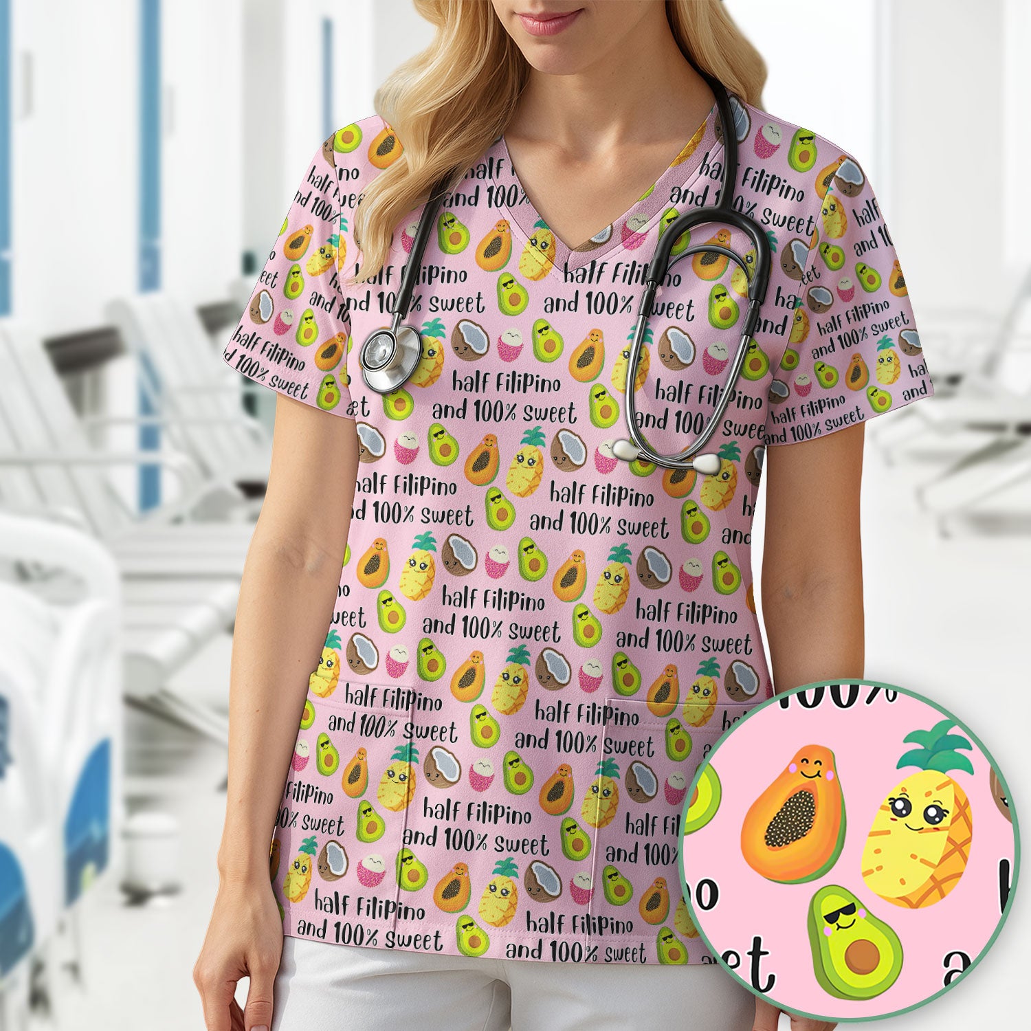 Playful Avocado Fruit Print Filipino Quote Scrub Top, Breathable Fabrics Nursing Uniform