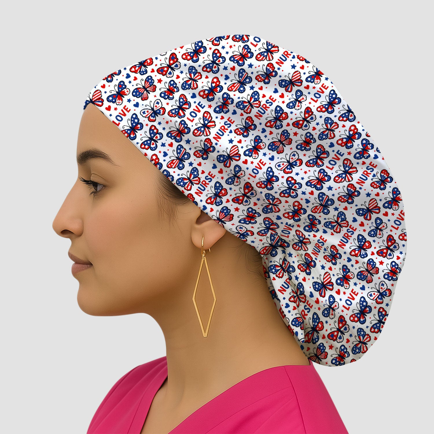 USA Patriotic Butterfly Nurse Scrub Cap, Comfortable Uniform Scrubs For Nursing