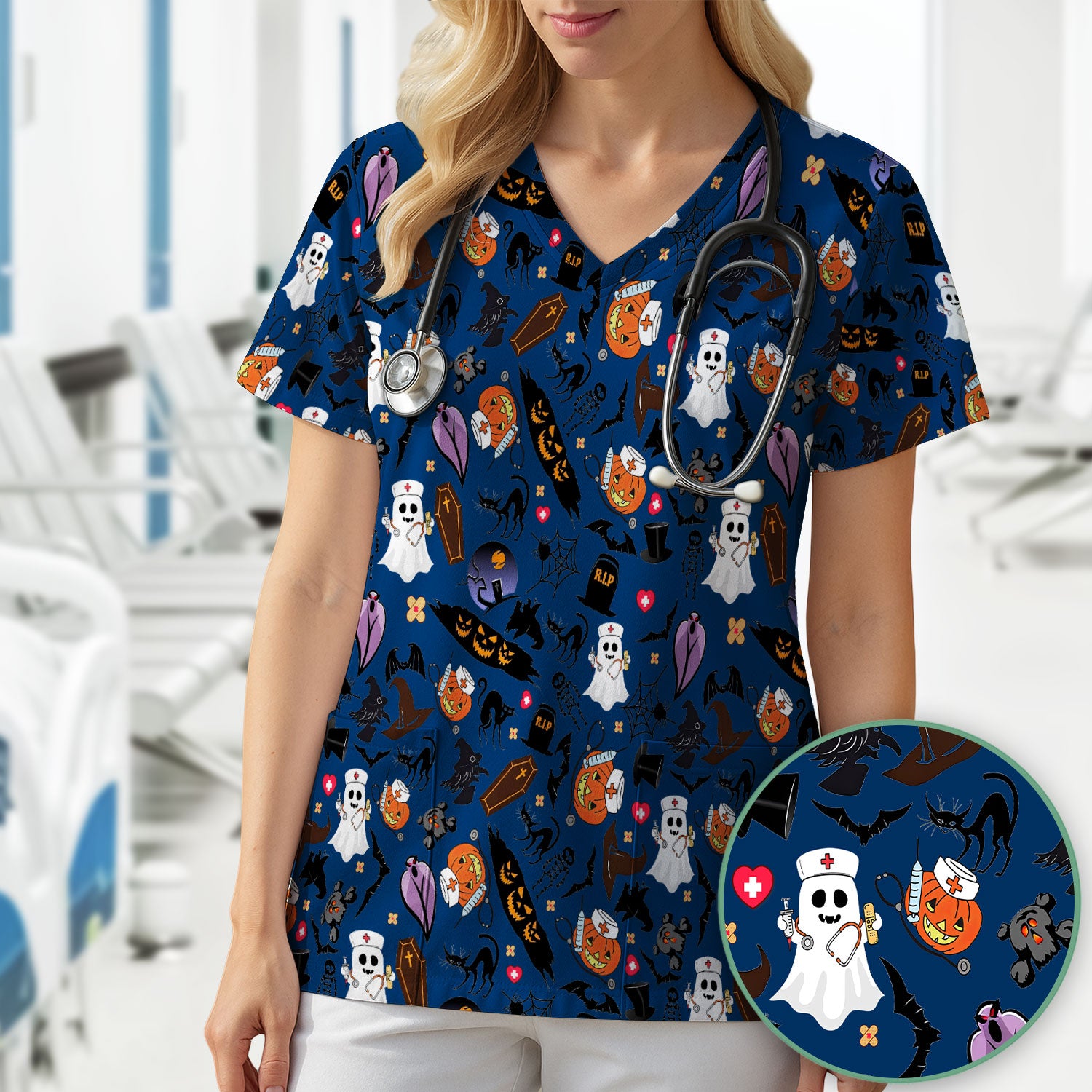 Spooky Halloween Scrub Top - Pumpkin Ghost Bat Nurse Shirt - Wicked Witch Medical Uniform for Women RN CNA LPN
