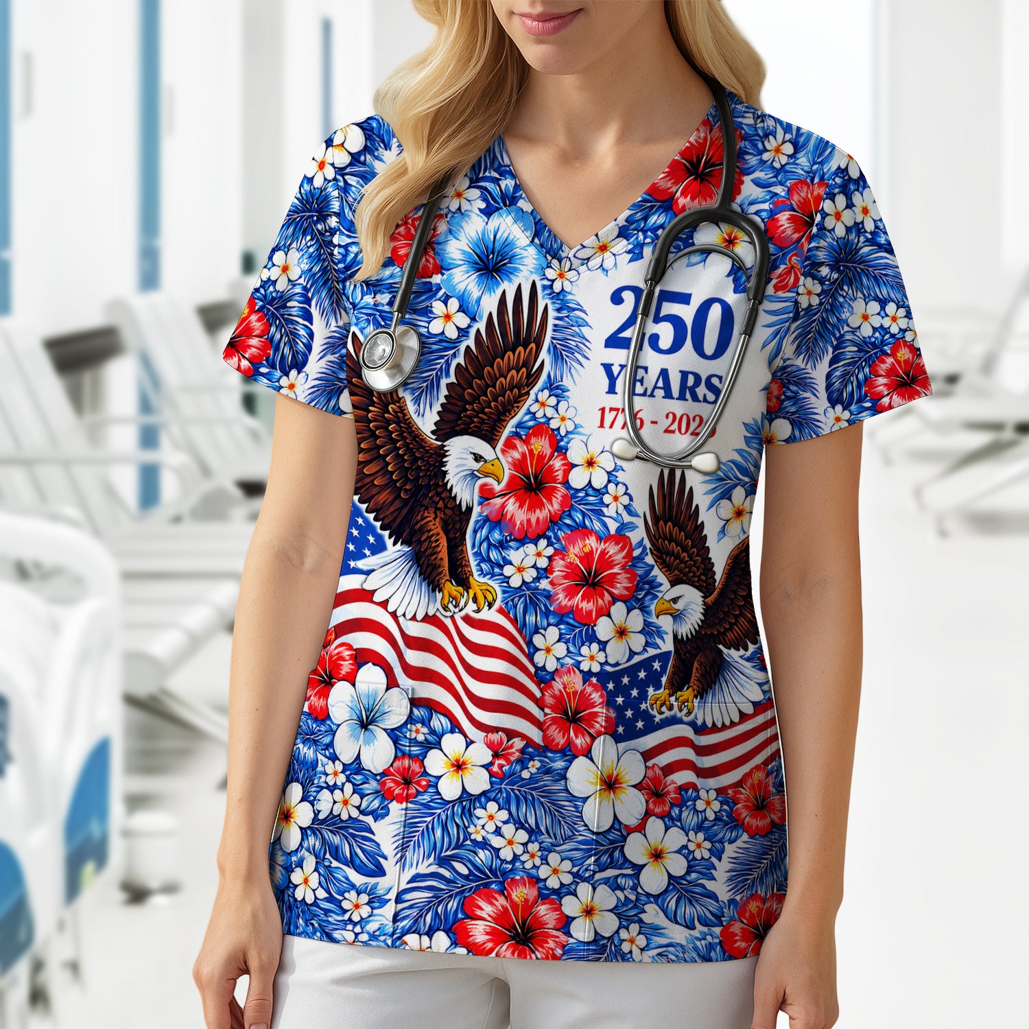 Patriotic Eagle Floral Pattern, America 250 Medical Scrub Top, Comfortable Scrubs for Nurses