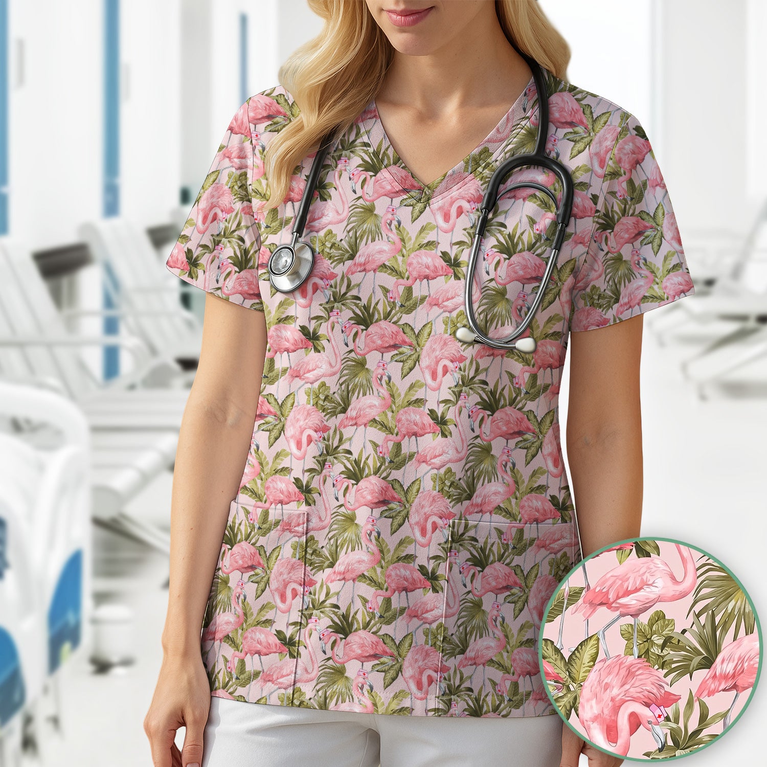 Pink Flamingo Jungle Leaves Pattern Scrub Top, Breathable Fabrics Nursing Uniform