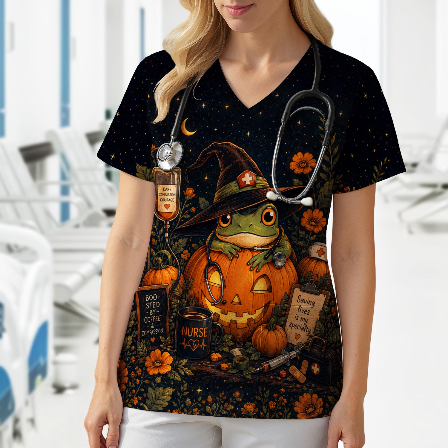 Halloween Witch Frog Pumpkin Scrub Top, Comfortable Scrubs for Nurses