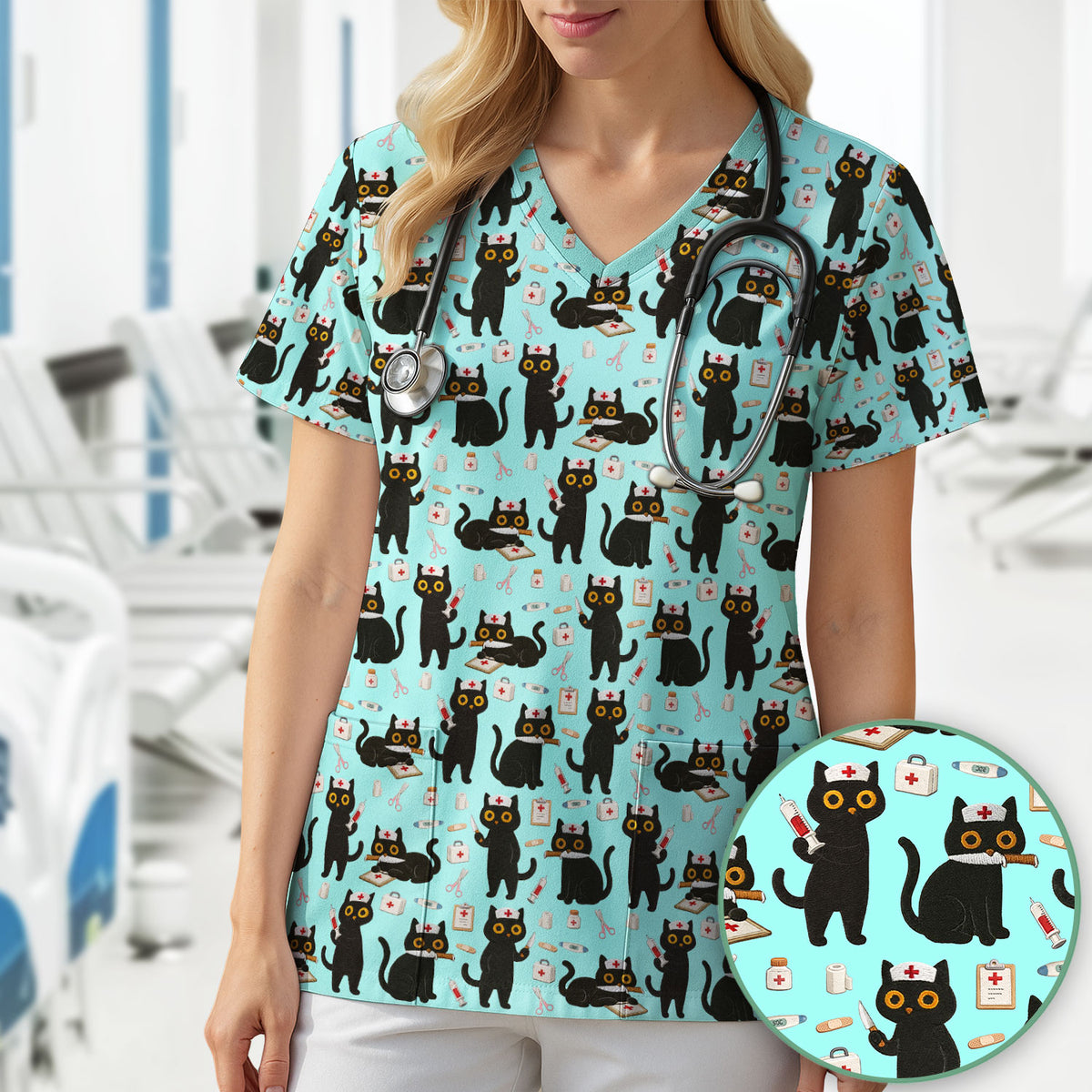 Cute Black Cat Nurse Pattern Scrub Top, Comfortable Scrubs for Nurses