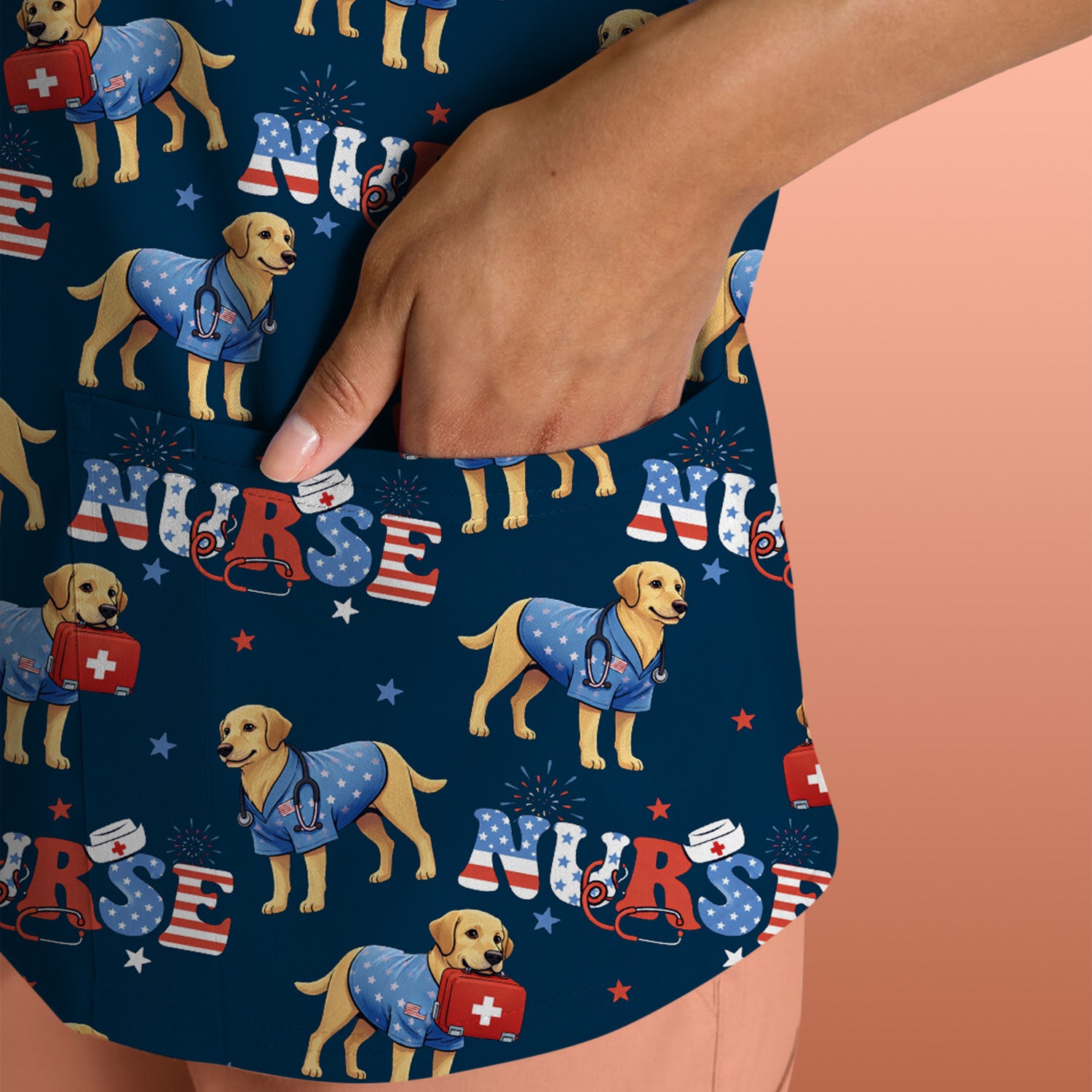 Patriotic Nurse Dog Medical Pattern Scrub Top, Breathable Fabrics Nursing Uniform