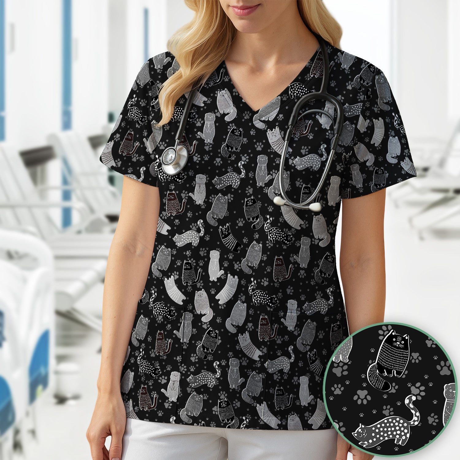 Cute Cat and Paw Print Pattern Scrub Top, Breathable Fabrics Nursing Uniform