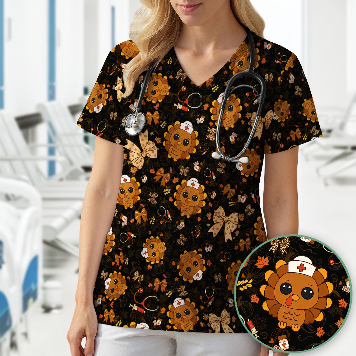 Thanksgiving Turkey Scrub for Nurses - Breathable Fabrics Nursing Uniform - Autumn Med Shirt Gift for Women