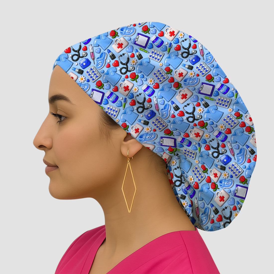 Medical Icons Scrub Cap, Cute Pattern Nurse Hat, Breathable Fabrics Nursing Uniform