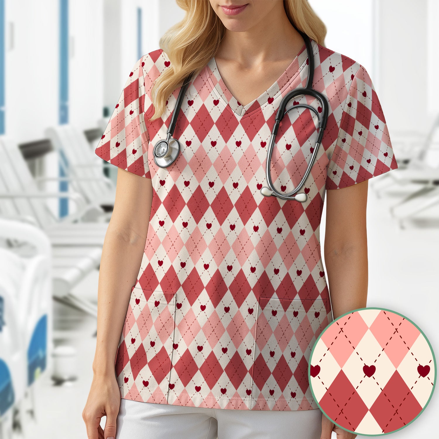 Red Argyle Plaid Pattern Scrubs Top, Comfortable Scrubs for Nurses