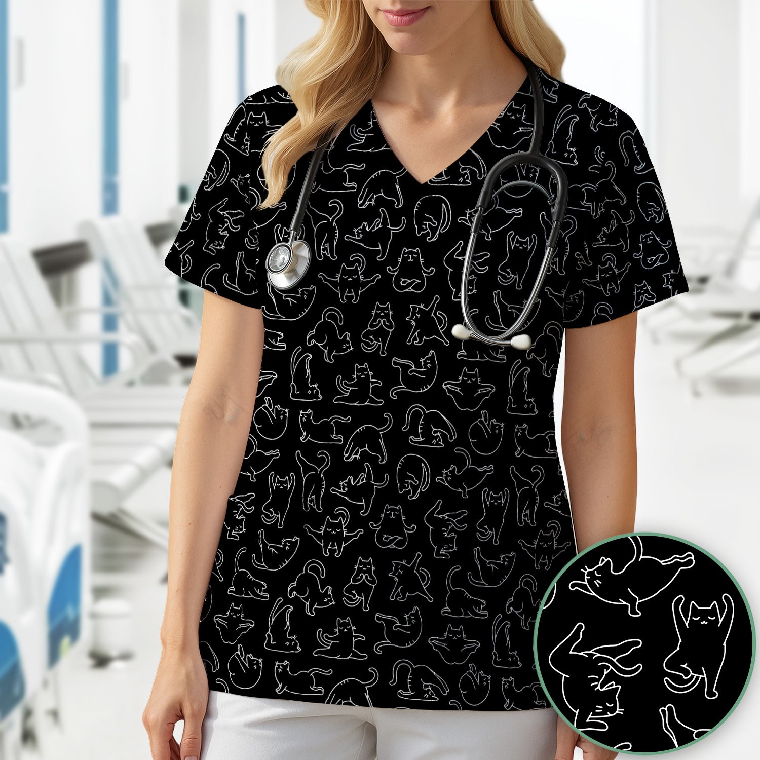Cute Cat Outline Playing Pattern Scrub Top, Colorful Gothic Nurse Scrubs Uniform