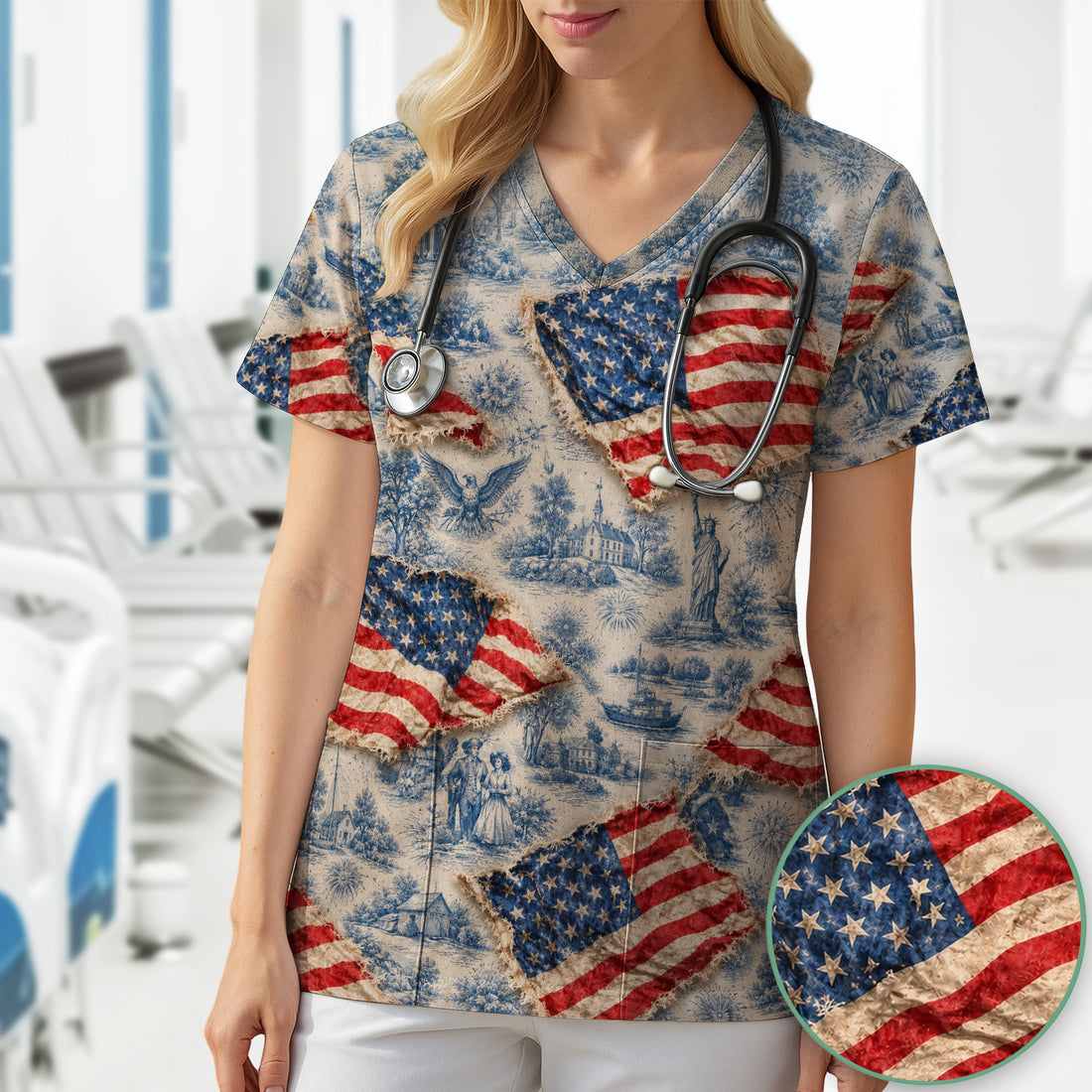 Vintage American Flag Toile Pattern Scrub Top, Comfortable Scrubs for Nurses