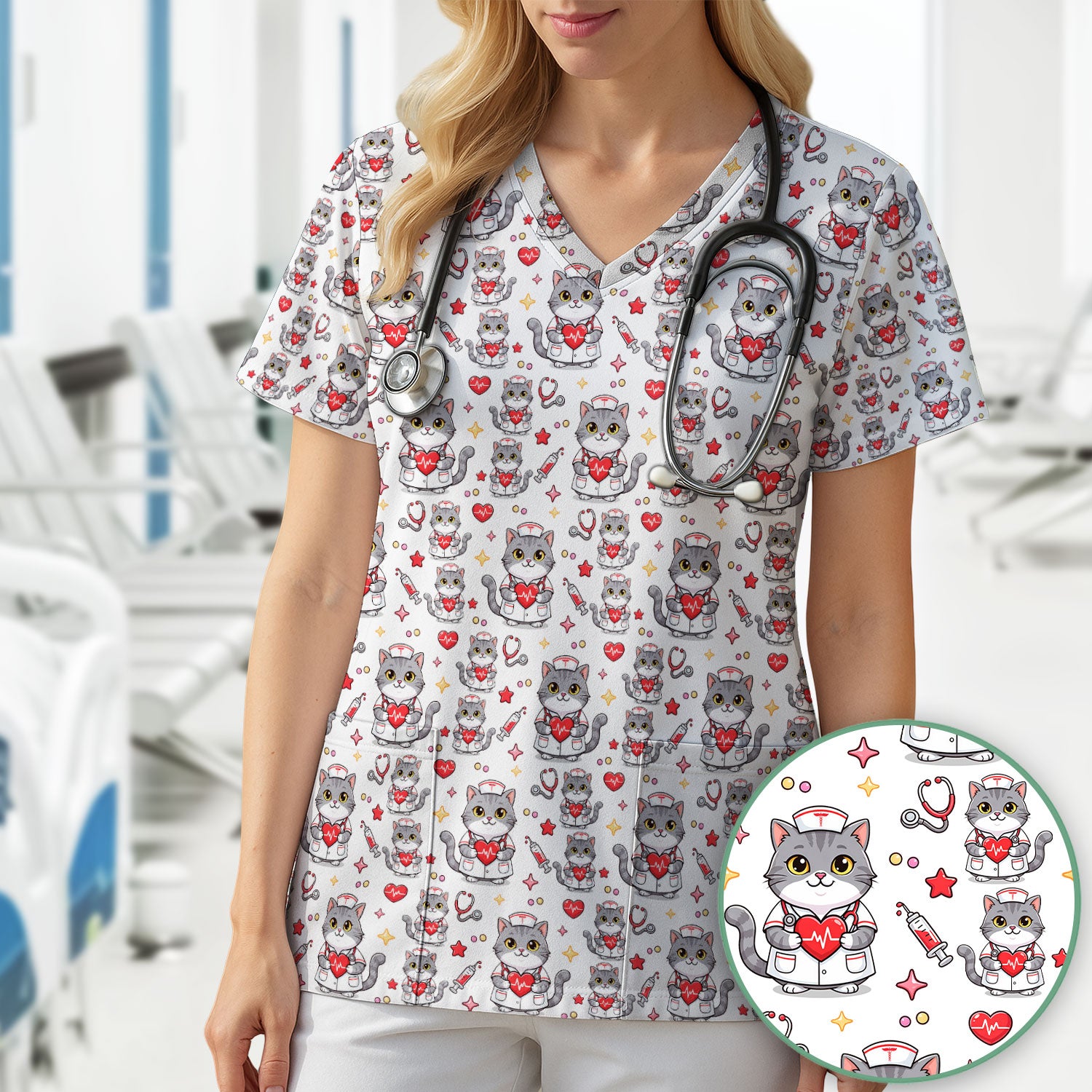Cute Nurse Cat Heart Medical Print Scrub Top, Comfortable Scrubs for Nurses