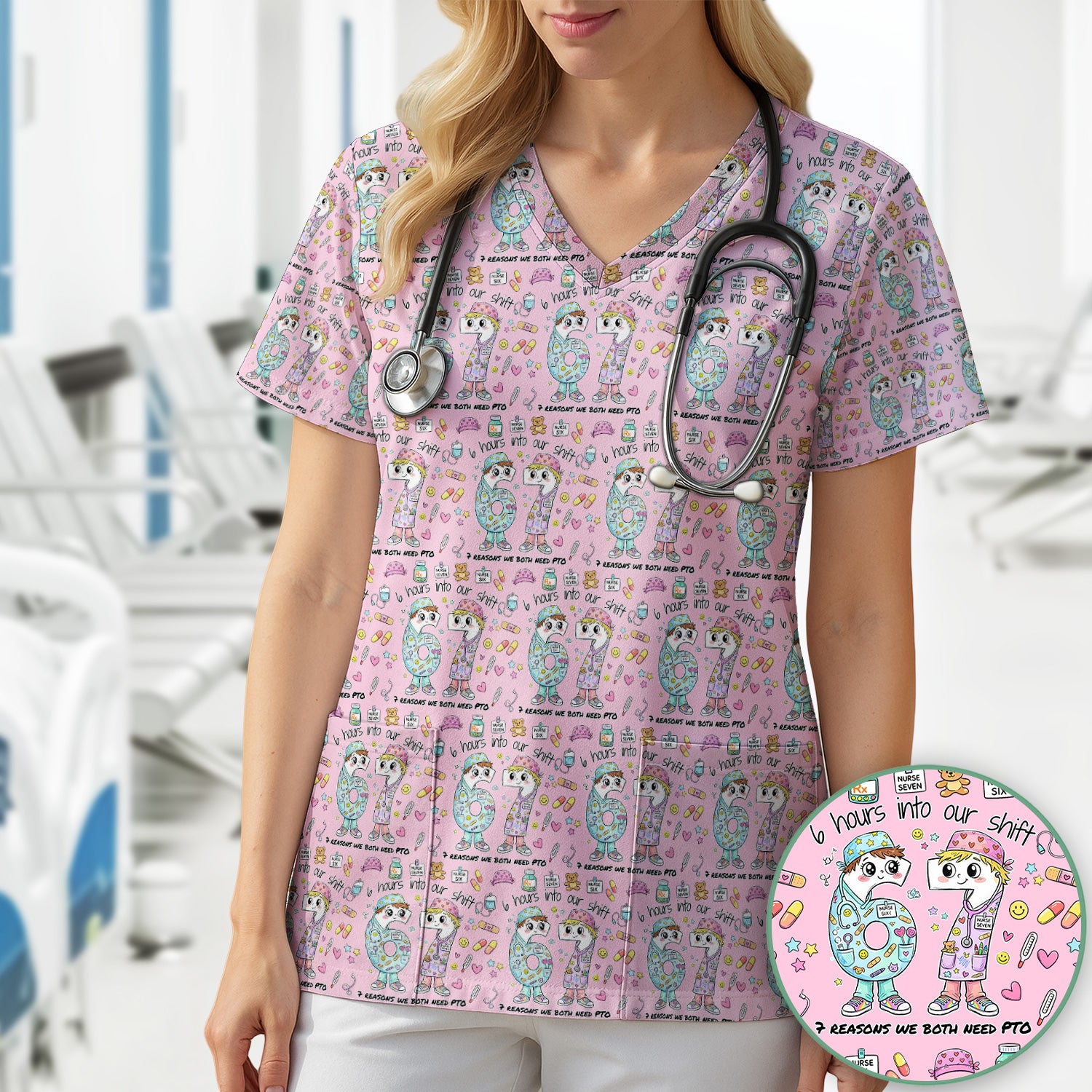 Cartoon Characters Six Hours Into Shift With Medical Doodle Scrub Top, Breathable Fabrics Nursing Uniform