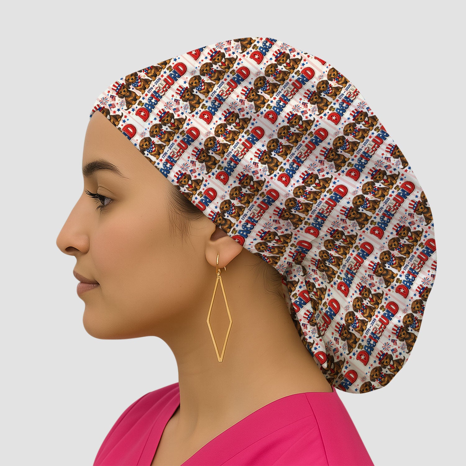 Patriotic Dachshund Fireworks Pattern Surgical Cap, Breathable Fabrics Caps Uniform