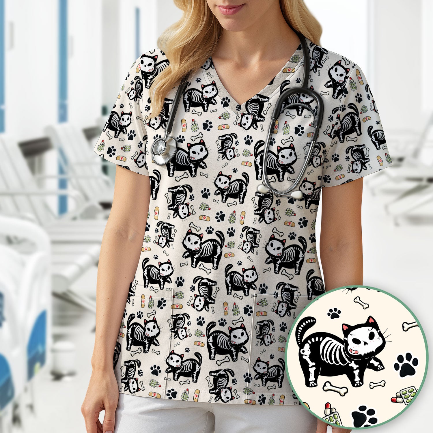 Skeleton Cat Medical Pattern Scrub Top, Comfortable Scrubs for Nurses