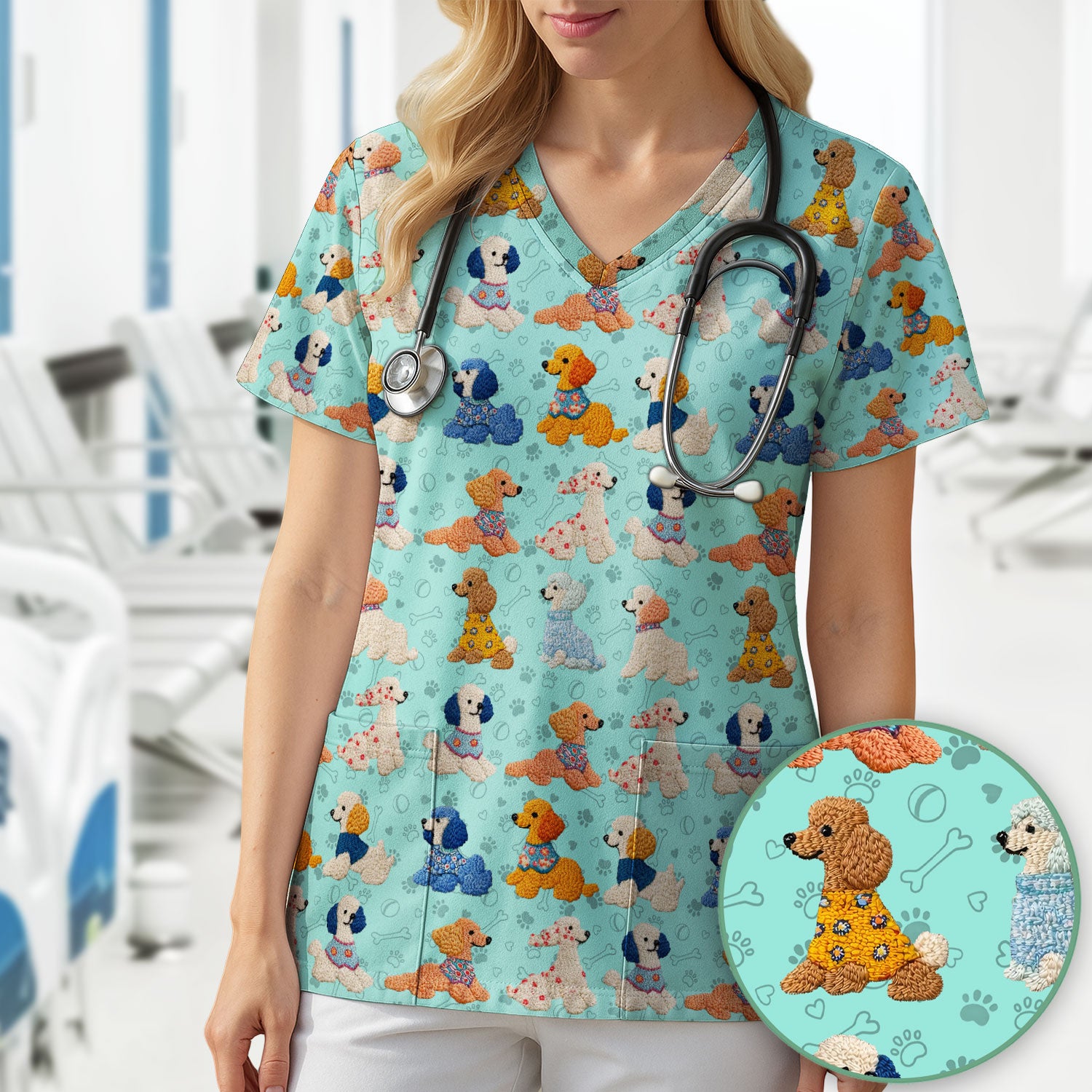 Cute Colorful Poodle Pattern Scrub Top, Comfortable Scrubs for Nurses