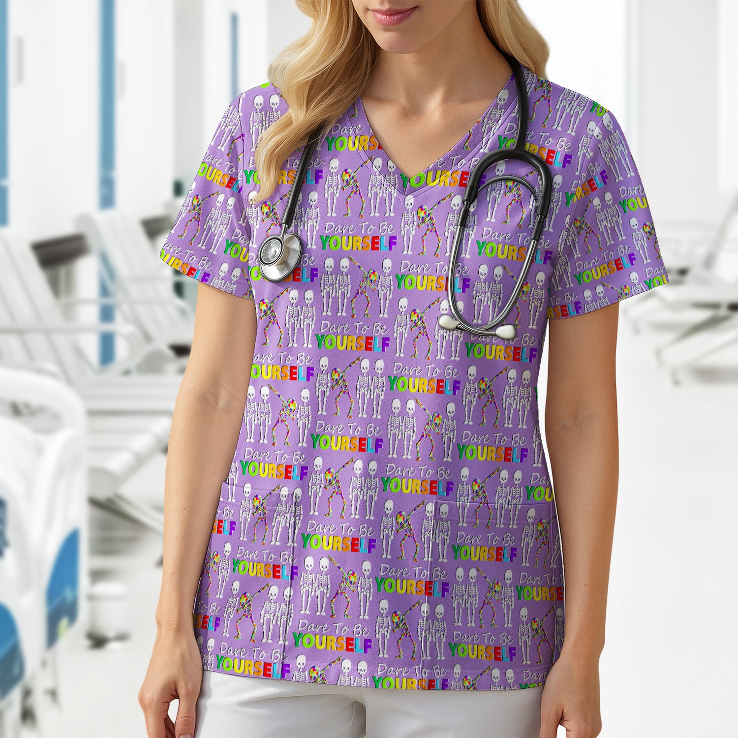 Rainbow Skeleton Dare To Be Yourself Pattern Scrubs Top, Comfortable Scrubs for Nurses