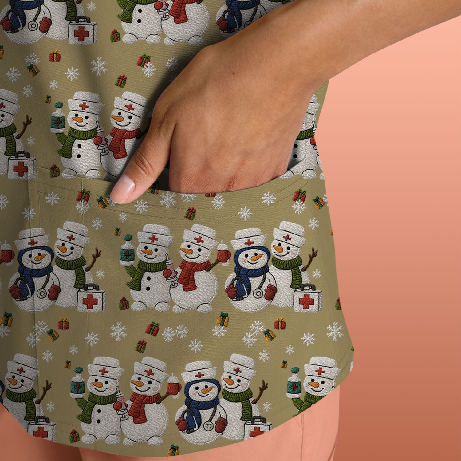 Cute Christmas Snowman Nurse Pattern Scrub Top, Breathable Fabrics Nursing Uniform