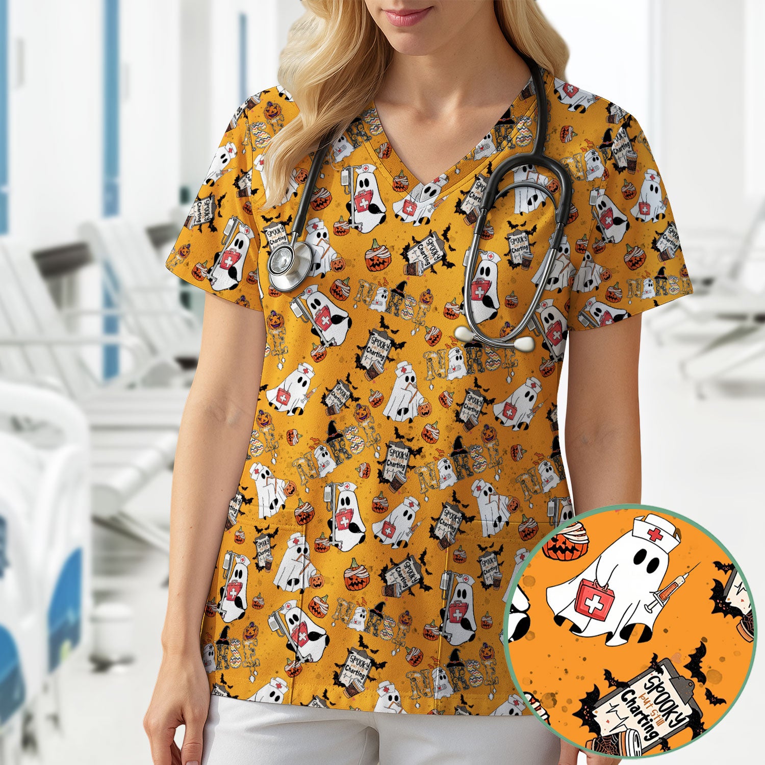 Halloween Scrub Top - Spooky But Still Charting - Funny Scrubs for Nurses - Horror Pumpkin Nursing Uniform