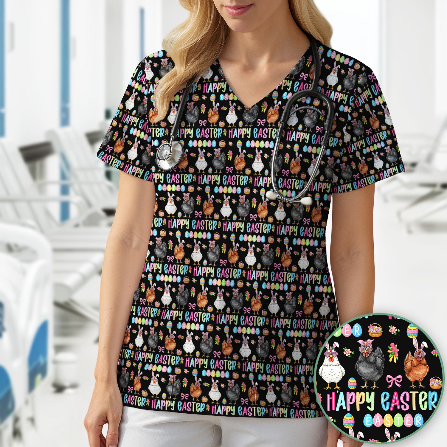 Happy Easter Bunny Eggs Pattern Scrubs Top, Comfortable Scrubs for Nurses