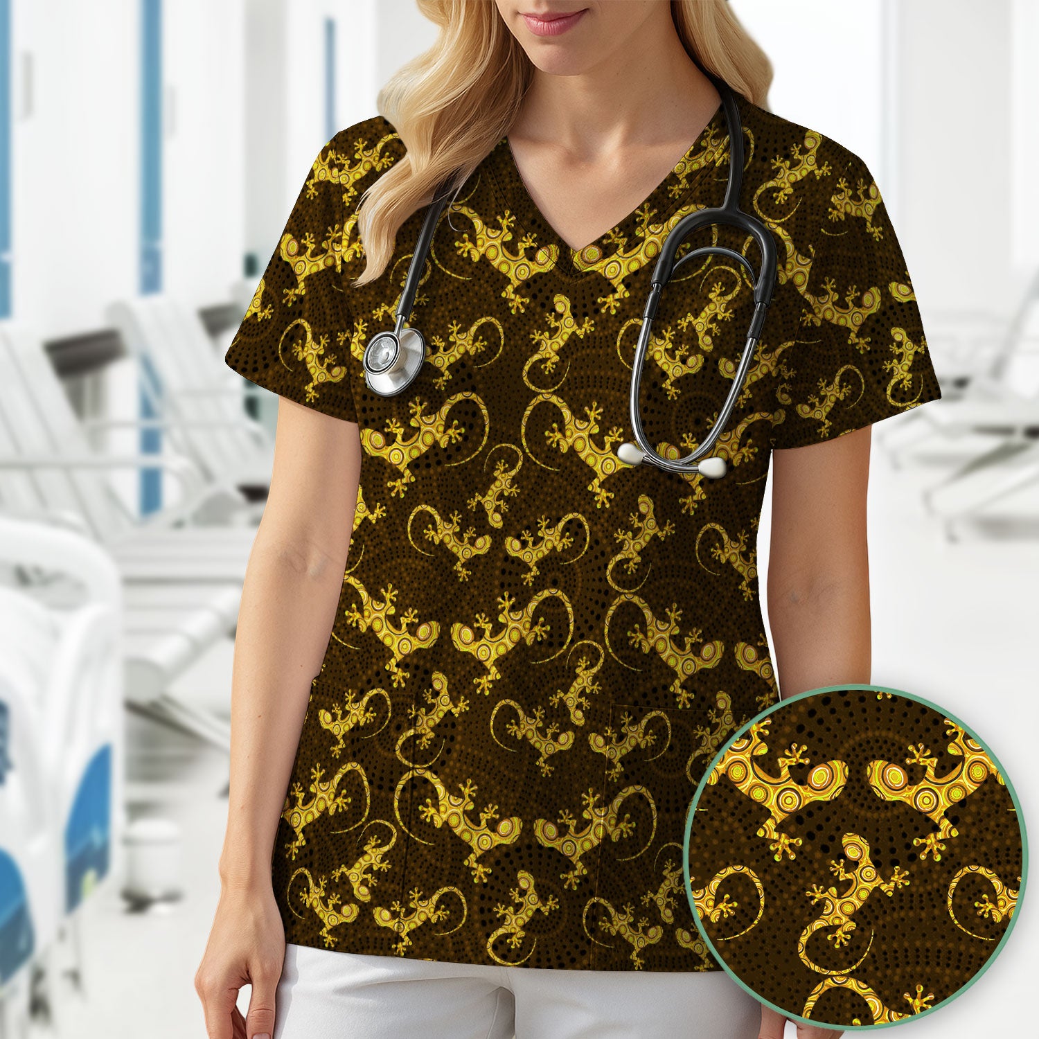 Australian Gecko Dot Art Inspired Medical Scrub Top - Women Uniform