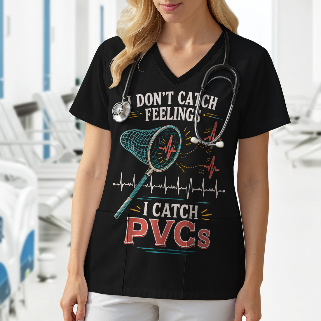I Don't Catch Feelings I Catch PVCs Pattern Scrub Top, Comfortable Scrubs for Nurses