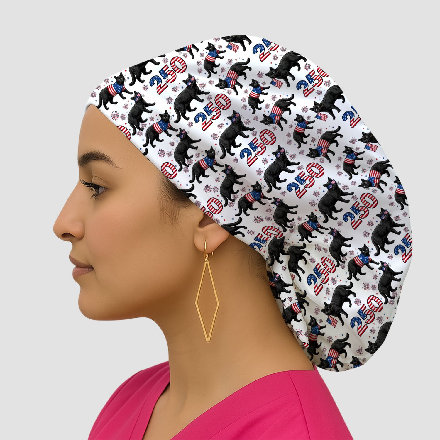 Black Cat 250 USA Flag Fireworks Pattern Caps, Bouffant Scrub Caps for Women