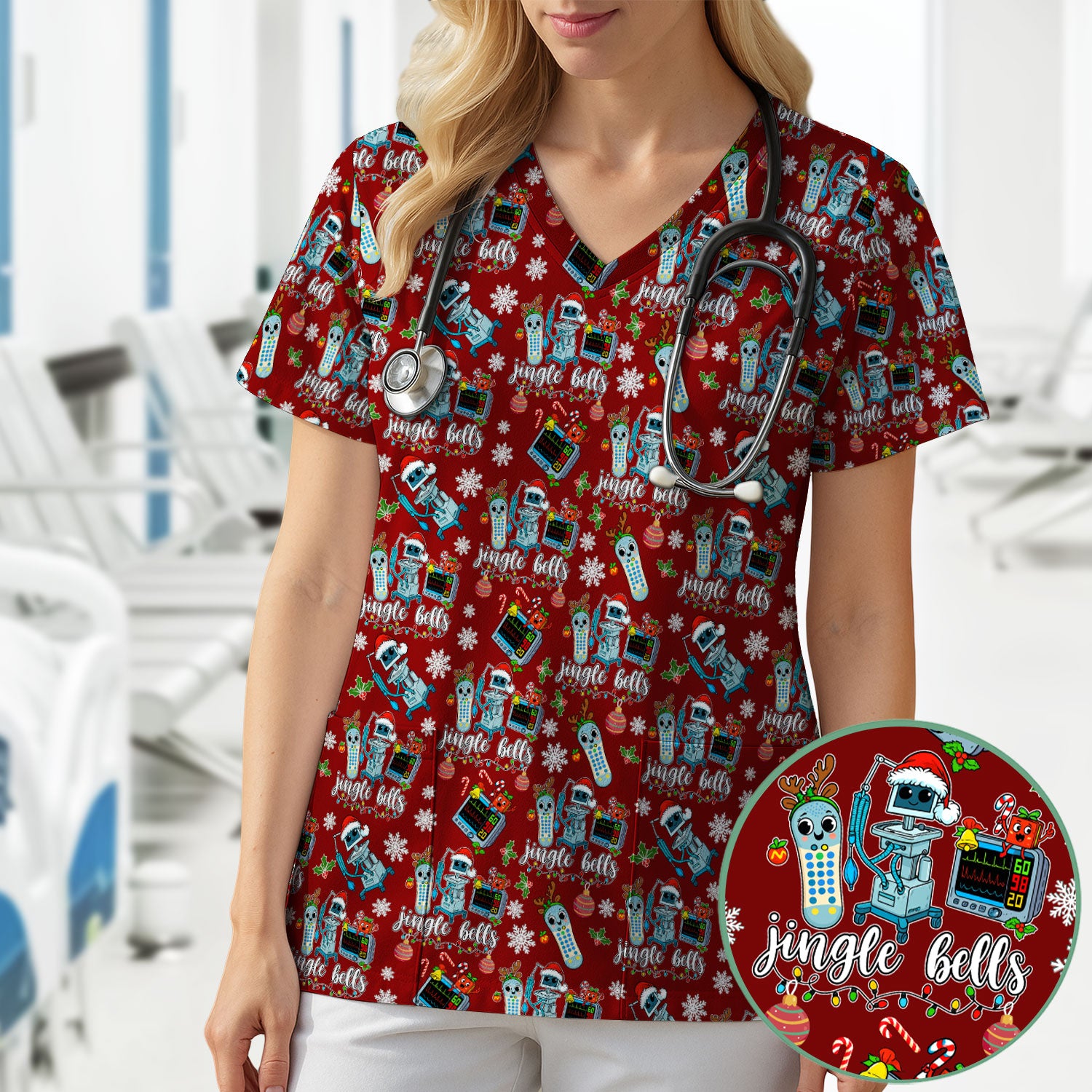 Funny Jingle Bells Holiday Scrub Top - Funny Christmas Scrubs for Nurses - Breathable Fabrics Nursing Uniform
