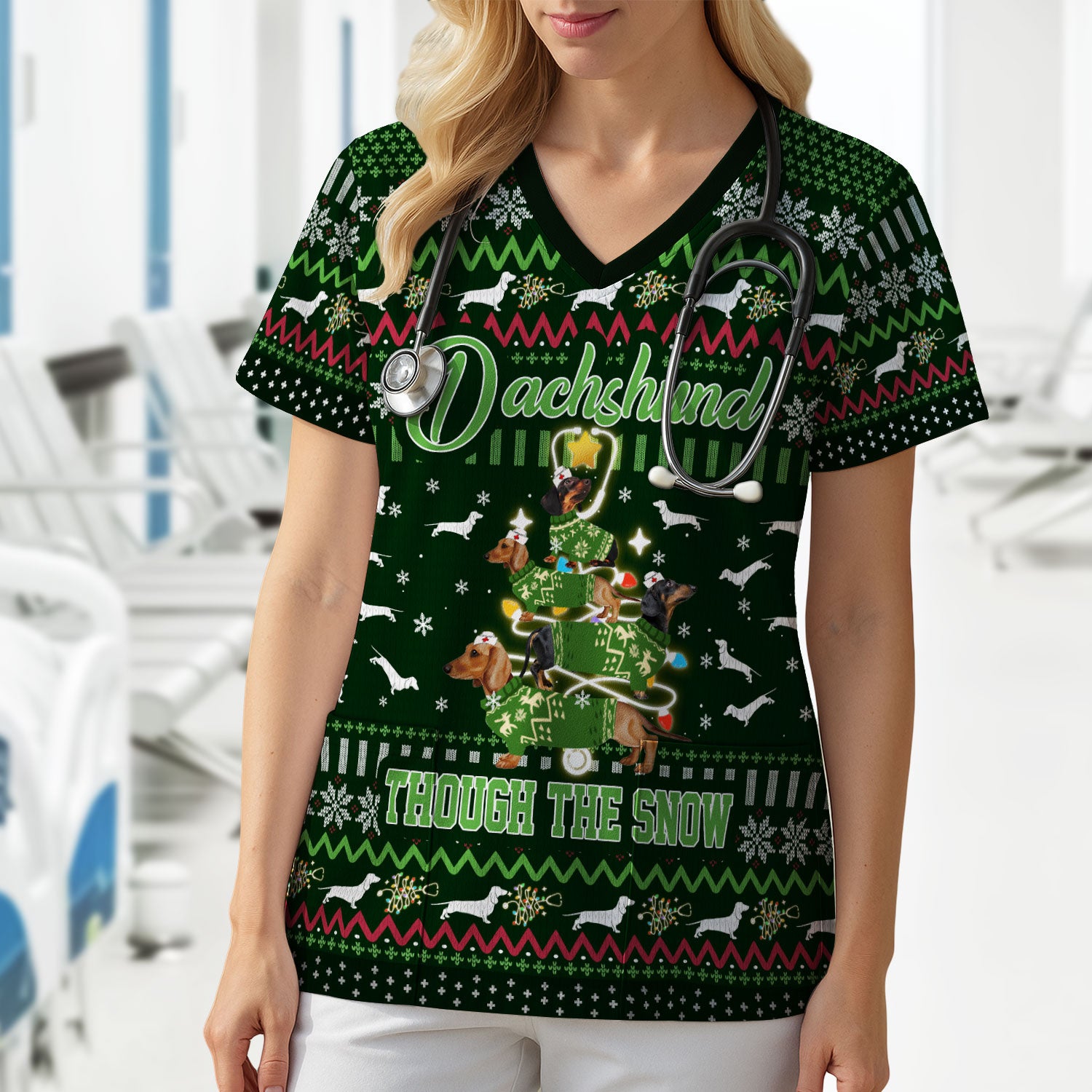 Dachshund Through The Snow Christmas Scrub Top - Funny Sausage Dog Xmas Tree Nurse Shirt - Cute Holiday Medical Uniform