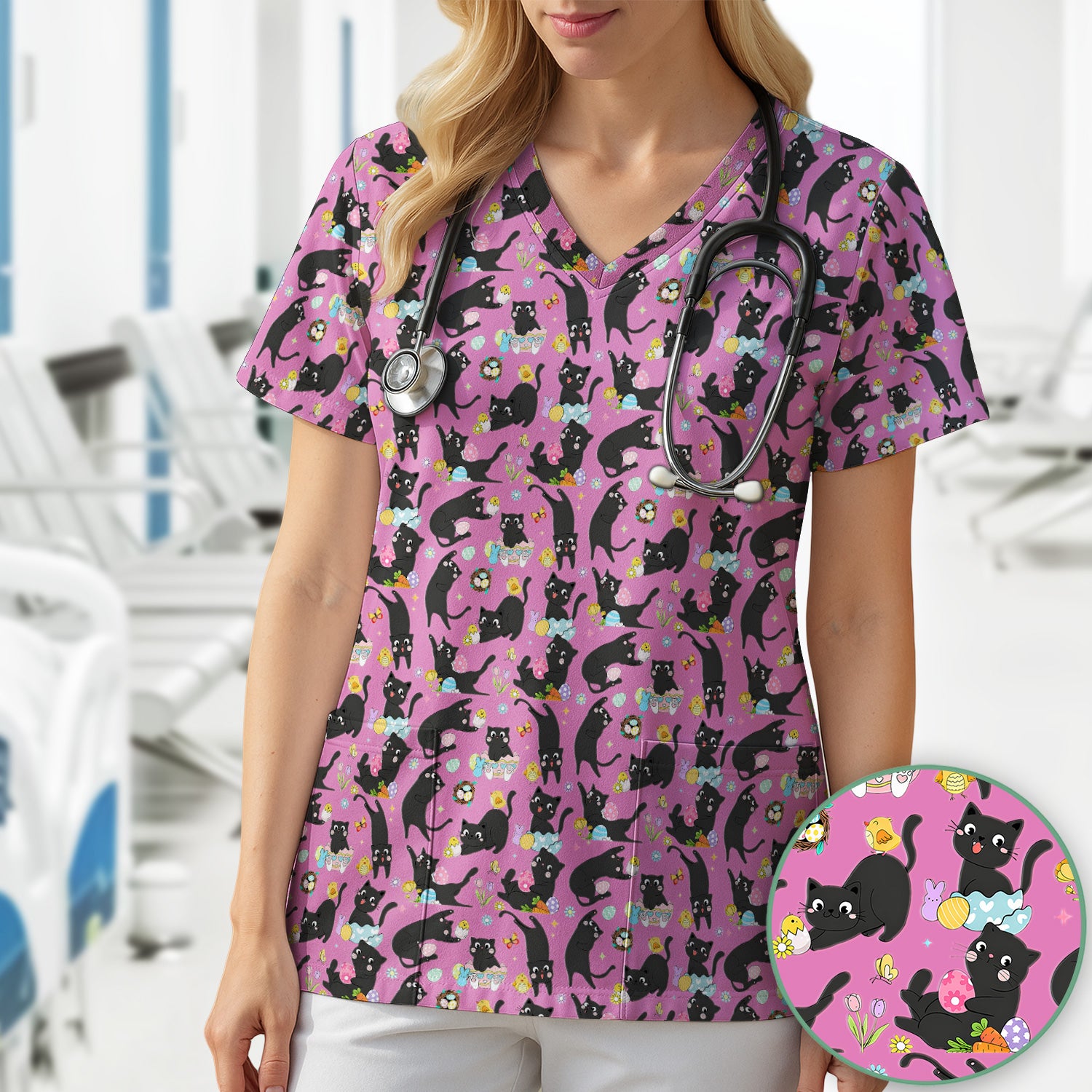 Playful Black Cat Easter Egg Pattern Scrub Top, Comfortable Scrubs for Nurses