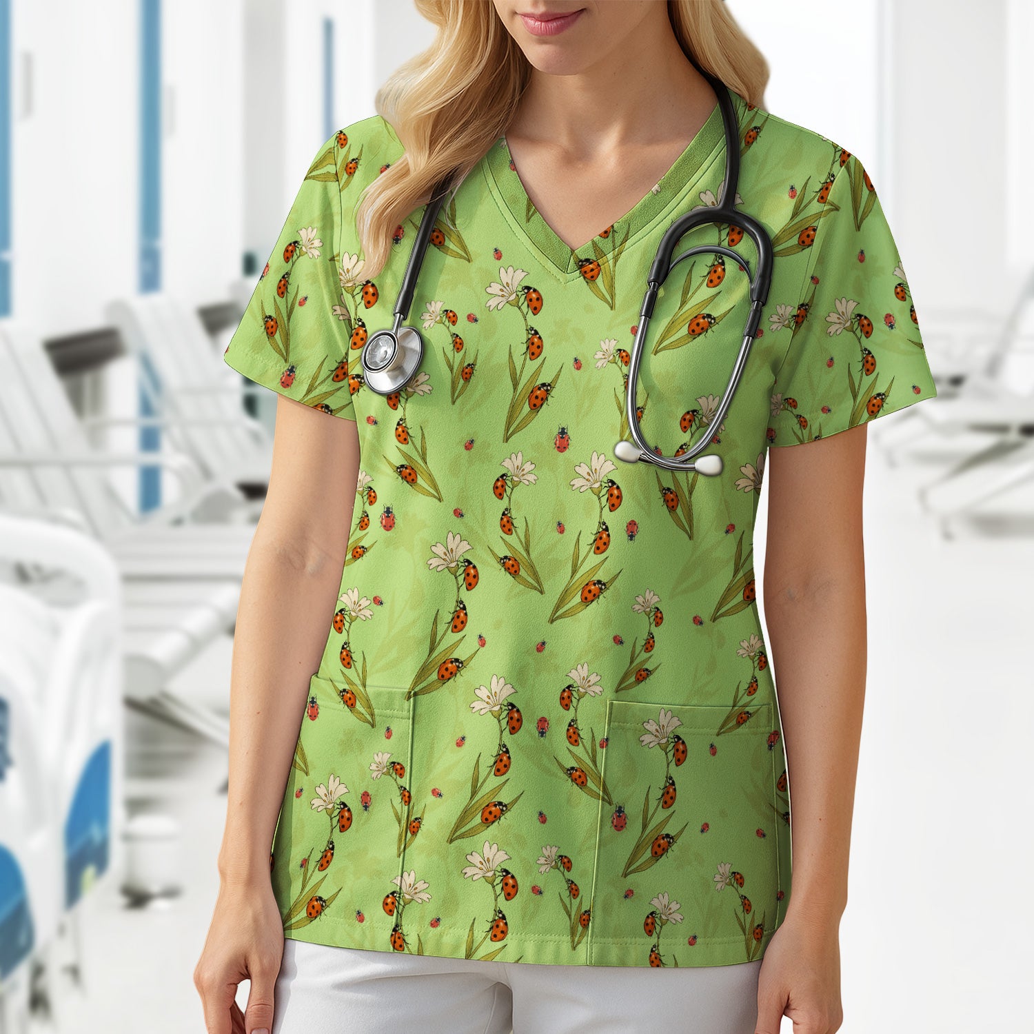 Fresh Daisy Ladybug Garden Pattern Scrub Top, Comfortable Scrubs For Nurses