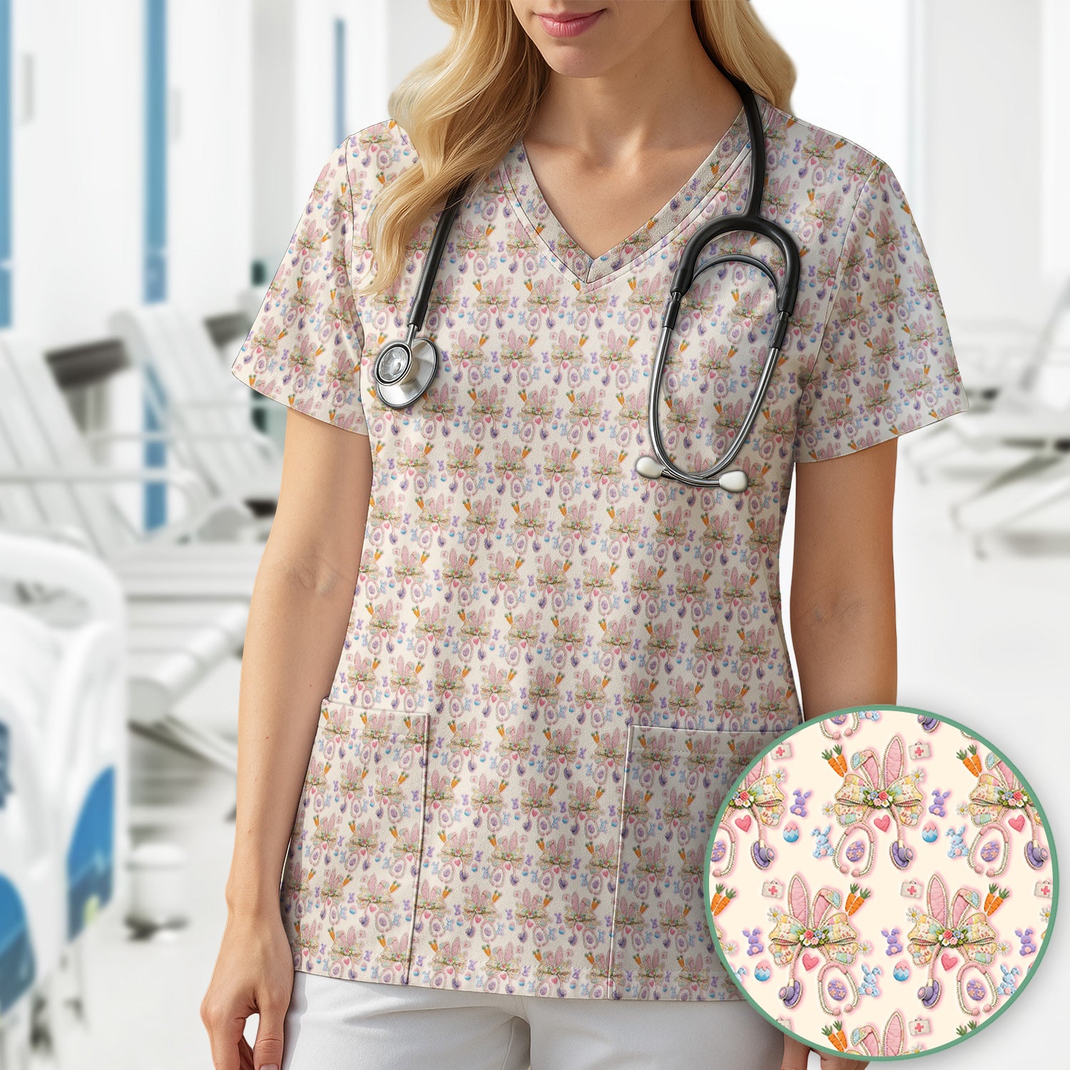 Easter Bunny Stethoscope Pastel Print Scrub Top, Comfortable Scrubs for Nurses