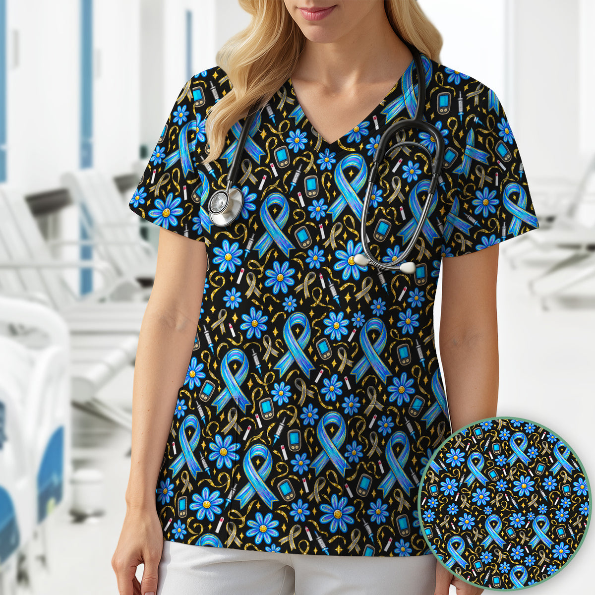 Diabetes Awareness Ribbon Pattern Scrub Top, Comfortable Scrubs for Nurses