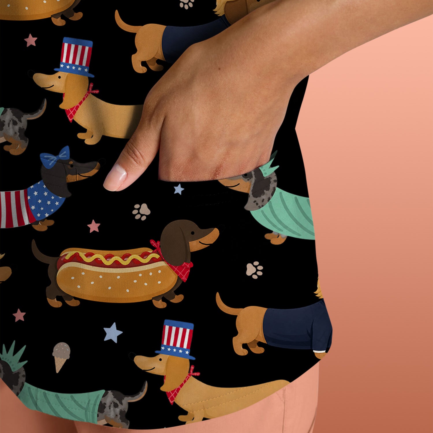 Funny Patriotic Dachshund Costume Dogs Pattern Scrub Top, Breathable Fabrics Nursing Uniform
