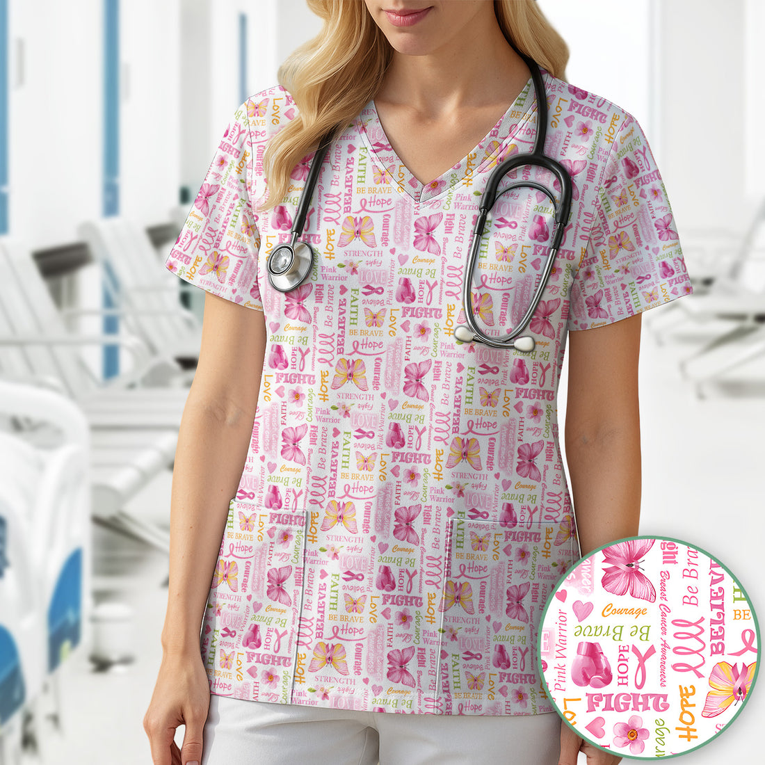 Pink Ribbon Butterfly Print Scrub Top, Comfortable Scrubs for Nurses