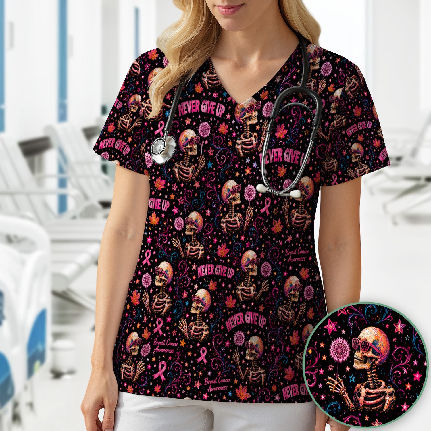 Breast Cancer Awareness Skeletons Pattern Scrub Top, Comfortable Scrubs for Nurses