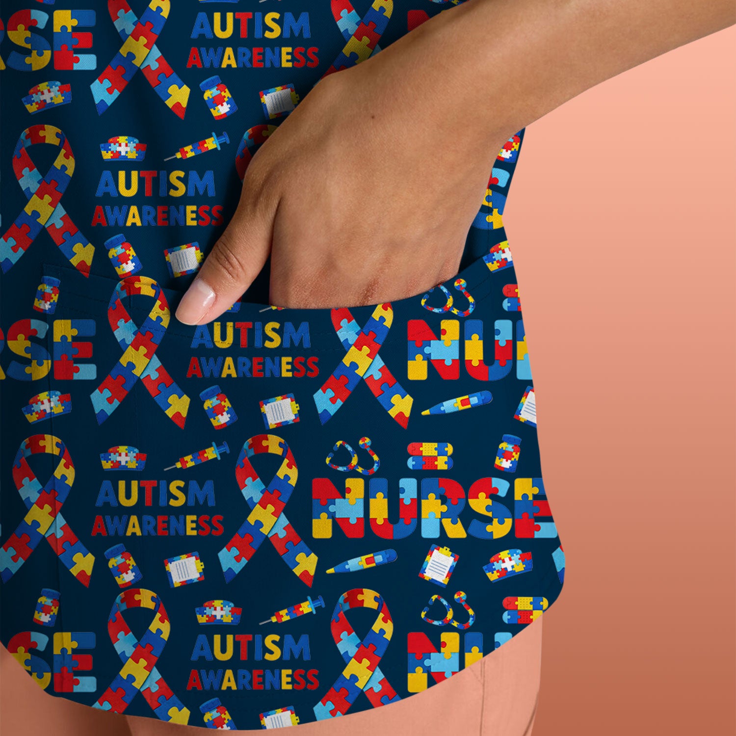 Autism Awareness Nurse Puzzle Ribbon Print Scrubs, Comfortable Scrubs for Nurses