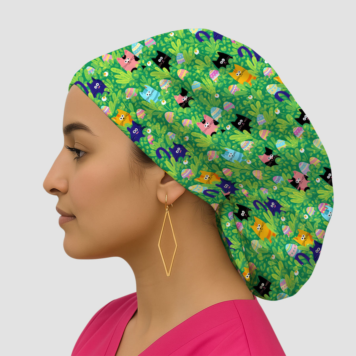 Colorful Easter Cats Green Leaves Print Cap, Bouffant Scrub Caps for Women