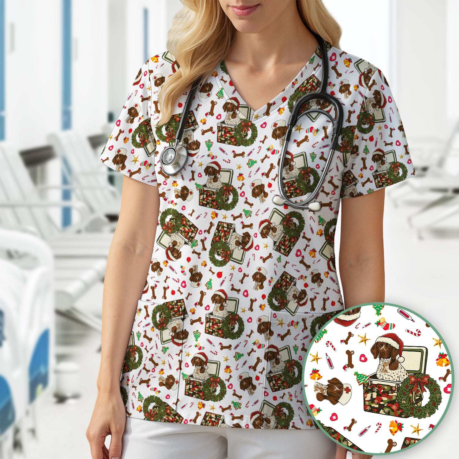 Christmas Dachshund Scrub Top - Cute Sausage Dog Nurse Shirt - Funny Holiday Medical Uniform for Women RN LPN CNA Gift