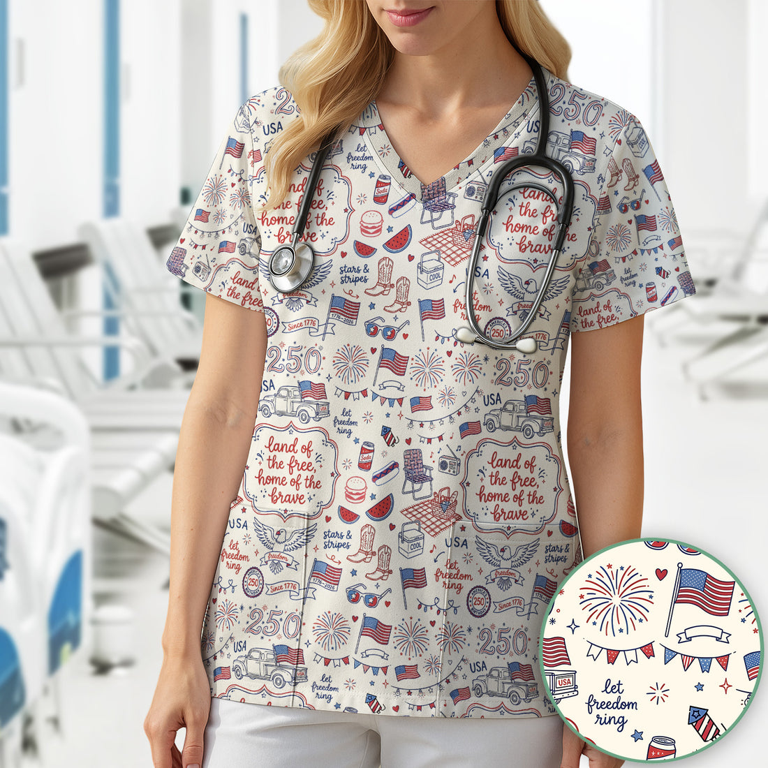 Vintage USA Freedom Print Scrub Top, Comfortable Scrubs for Nurses