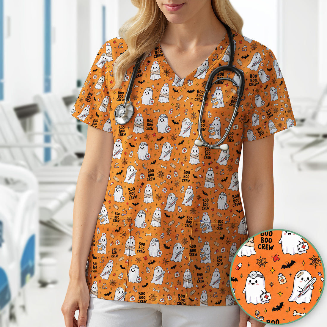 Cute Halloween Boo Boo Crew Ghost Scrub Top, Comfortable Scrubs for Nurses