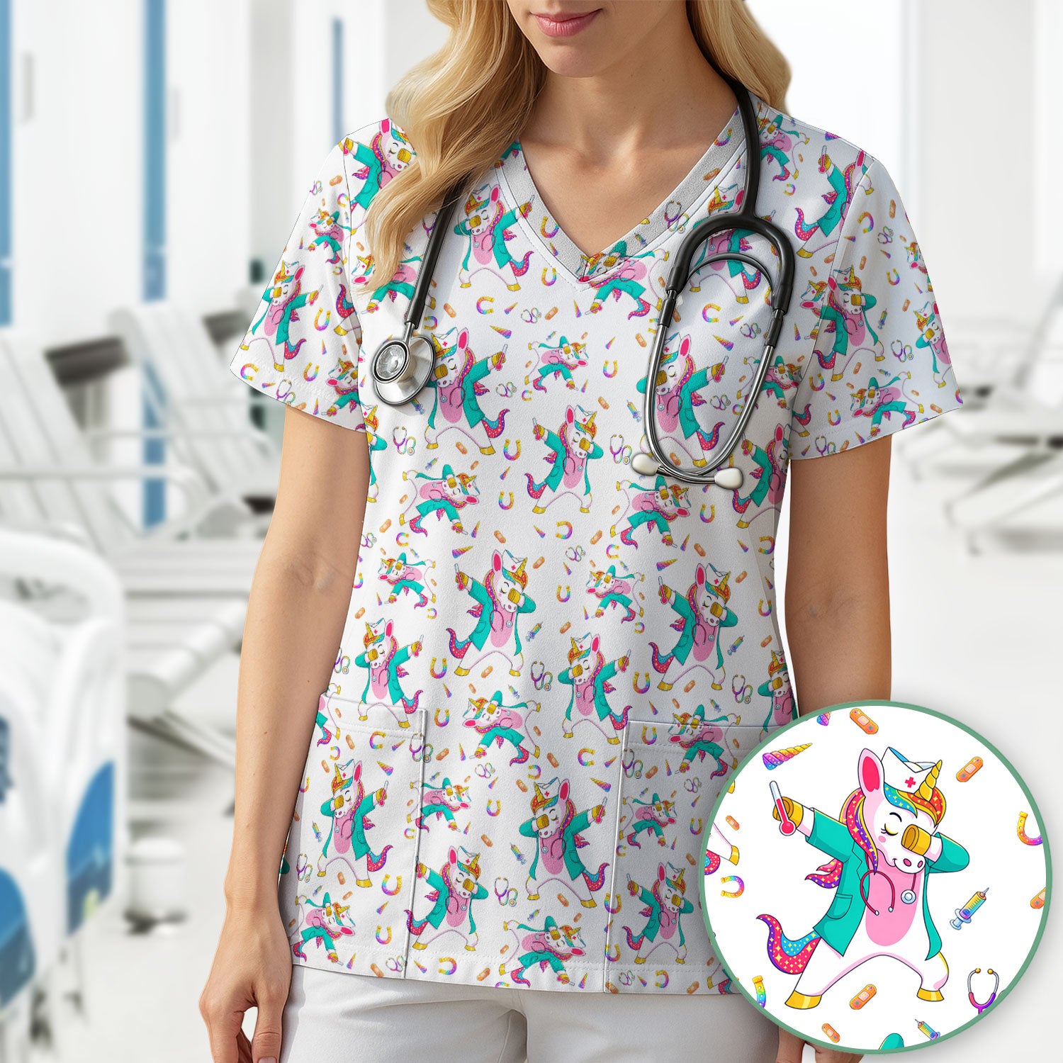 Cute Unicorn Nurse Dance Pattern Scrub Top, Breathable Fabrics Nursing Uniform
