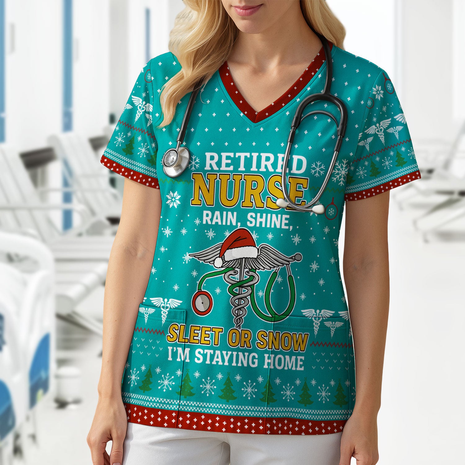 Retired Nurse Christmas Scrub Top, Funny Holiday Nurse Shirt, Rain Shine Sleet or Snow I’m Staying Home Uniform