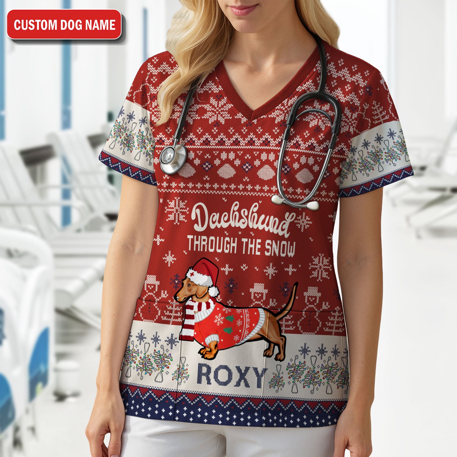Funny Wiener Dog Christmas Ugly Scrub Top - Custom Name Dachshund Through The Snow - Cute Holiday Medical Uniform