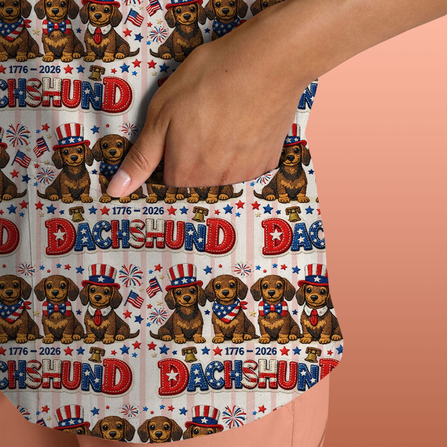 Patriotic Dachshund Fireworks Pattern Scrub Top, Comfortable Scrubs for Nurses
