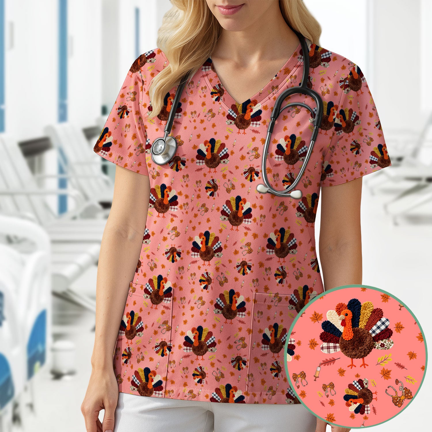 Thanksgiving Comfortable Scrubs for Nurses - Funny Autumn Turkey Shirt - Breathable Fabrics Nursing Uniform