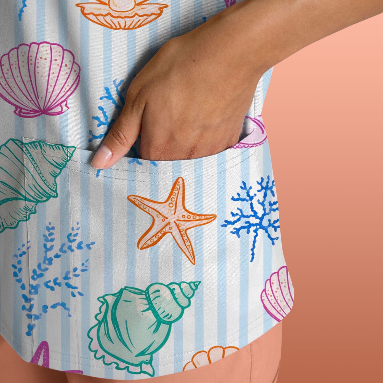 Colorful Seashell Starfish Ocean Stripe Pattern Scrub Top, Breathable Fabrics Nursing Uniform